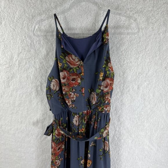 BCX NWT Womens M  Floral Blue Halter Maxi Slit Pleated Dress Belt Sheer Overlay - Picture 10 of 16